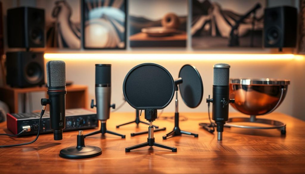 A neatly arranged table showcasing various microphones suitable for recording handpan music, clearly reflecting different budget options. In the foreground, a high-quality dynamic microphone and a condenser microphone, alongside a sleek audio interface. In the middle, display microphone stands and pop filters, emphasizing their importance in achieving great sound quality. The background features blurred images of a cozy recording studio, with warm, inviting lighting casting soft shadows, creating a peaceful atmosphere conducive to music. The scene is captured from a slightly elevated angle, highlighting the equipment's details and making it visually appealing, suitable for an article on musical recording tools. A neatly arranged table showcasing various microphones suitable for recording handpan music, clearly reflecting different budget options. In the foreground, a high-quality dynamic microphone and a condenser microphone, alongside a sleek audio interface. In the middle, display microphone stands and pop filters, emphasizing their importance in achieving great sound quality. The background features blurred images of a cozy recording studio, with warm, inviting lighting casting soft shadows, creating a peaceful atmosphere conducive to music. The scene is captured from a slightly elevated angle, highlighting the equipment's details and making it visually appealing, suitable for an article on musical recording tools.