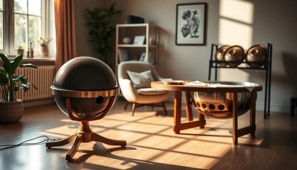 A serene indoor setting showcasing various options for supporting a handpan. In the foreground, a beautifully crafted wooden stand holds a handpan, highlighting its elegant curves and vibrant colors. Beside it, a modern shelf displays additional handpans, emphasizing accessibility and style. In the middle ground, an inviting table is adorned with music sheets and a comfortable chair, suggesting a space for practice or relaxation. The background features soft, warm lighting filtering through a window, casting gentle shadows and creating an inviting atmosphere. The overall mood conveys harmony and creativity, perfect for musicians exploring practical alternatives for their handpan setup.