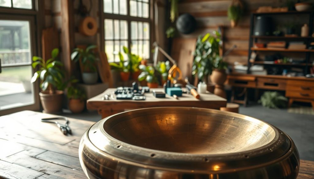A serene workshop environment, featuring a beautifully crafted handpan prominently displayed in the foreground, showcasing its intricate design and polished surface. In the middle, a rustic wooden table is adorned with various electronic components and tools, symbolizing sustainability and craftsmanship. The background reveals large windows letting in soft natural light, illuminating plants that thrive in the space, emphasizing an eco-friendly atmosphere. The scene captures a sense of durability and care, with warm tones and a cozy ambiance. The composition is shot from a slightly elevated angle, providing a comprehensive view of both the handpan and the workspace. The overall mood is inviting and inspiring, reflecting the theme of sustainability in the context of modern music instruments. A serene workshop environment, featuring a beautifully crafted handpan prominently displayed in the foreground, showcasing its intricate design and polished surface. In the middle, a rustic wooden table is adorned with various electronic components and tools, symbolizing sustainability and craftsmanship. The background reveals large windows letting in soft natural light, illuminating plants that thrive in the space, emphasizing an eco-friendly atmosphere. The scene captures a sense of durability and care, with warm tones and a cozy ambiance. The composition is shot from a slightly elevated angle, providing a comprehensive view of both the handpan and the workspace. The overall mood is inviting and inspiring, reflecting the theme of sustainability in the context of modern music instruments.