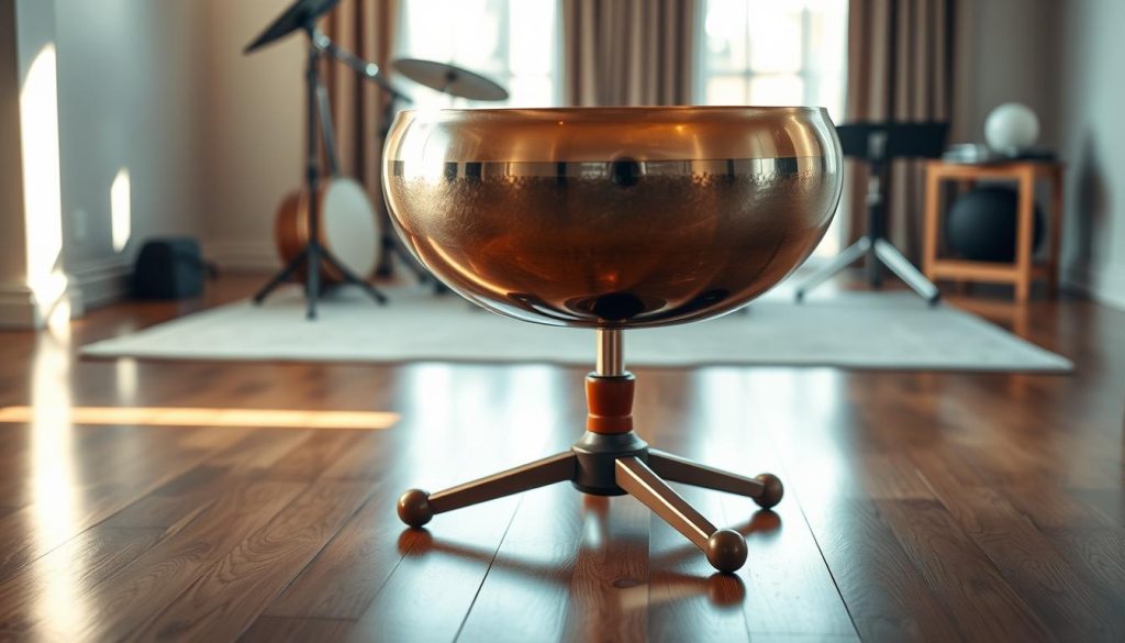 A sturdy, elegant handpan stand set firmly on a polished wooden floor, emphasizing stability and comfort for the musician. In the foreground, the handpan rests securely on the support au sol, showcasing its rich, metallic surface and intricate designs. The middle features a close-up of the stand's solid architecture, highlighting its robust structure and adjustable height for optimal playability. A soft, warm light bathes the entire scene, creating a cozy atmosphere, while gentle shadows enhance the textures of the materials. In the background, a blurred view of a serene practice space hints at artistry and focus, inviting viewers to imagine the experience of playing in this environment. The image exudes professionalism and peace, reflecting a perfect balance of form and function.