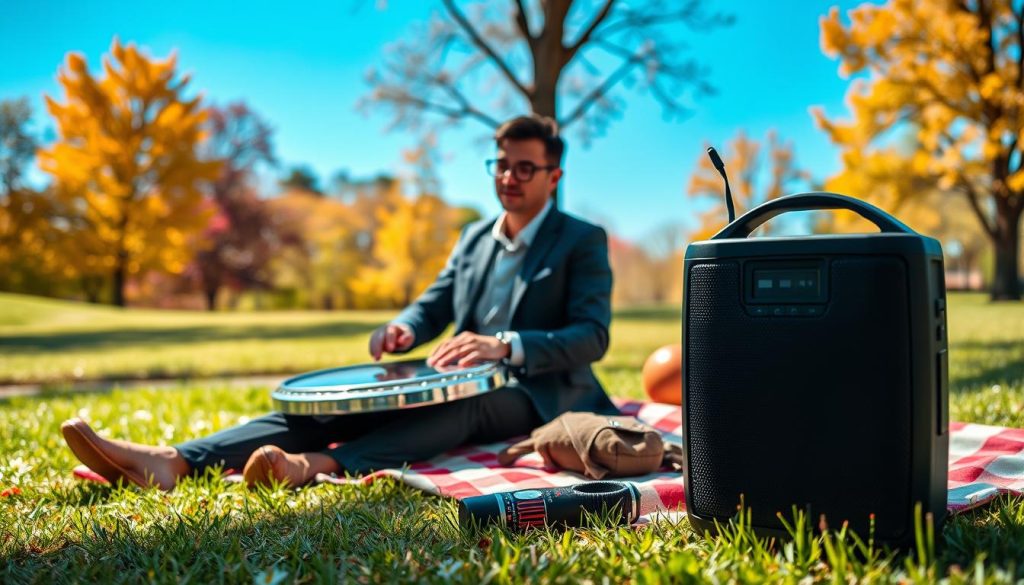 A vibrant outdoor scene showcasing a modern e-handpan setup in a serene park setting. In the foreground, a person sits on a comfortable blanket, casually playing the e-handpan, immersed in the music. They are dressed in smart casual attire, reflecting a relaxed yet professional vibe. The midground features a portable speaker with visible battery indicators, emphasizing autonomy and hours of playtime. The background displays colorful trees and a clear blue sky, adding to the atmosphere of freedom and portability. Soft, natural lighting fills the scene, highlighting the details of the e-handpan, the speaker, and the surrounding nature, creating an inviting and tranquil mood. A vibrant outdoor scene showcasing a modern e-handpan setup in a serene park setting. In the foreground, a person sits on a comfortable blanket, casually playing the e-handpan, immersed in the music. They are dressed in smart casual attire, reflecting a relaxed yet professional vibe. The midground features a portable speaker with visible battery indicators, emphasizing autonomy and hours of playtime. The background displays colorful trees and a clear blue sky, adding to the atmosphere of freedom and portability. Soft, natural lighting fills the scene, highlighting the details of the e-handpan, the speaker, and the surrounding nature, creating an inviting and tranquil mood.