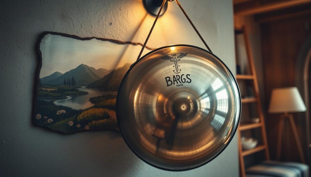A visually striking handpan mounted on a textured wall, showcasing its unique metallic surface and intricate craftsmanship. The handpan is positioned in the foreground, gleaming under soft, warm lighting that highlights its curves and details. In the middle ground, subtle shadows play against a rustic painted mural that depicts serene landscapes, complementing the mood of tranquility associated with the instrument. The background features a blurred hint of a cozy room, with warm wood tones that suggest an inviting atmosphere. A gentle light source emanates from above, casting soft reflections on the handpan. The overall mood is contemplative and artistic, inviting viewers to consider the balance between decorative display and the risks of hanging such a delicate instrument.