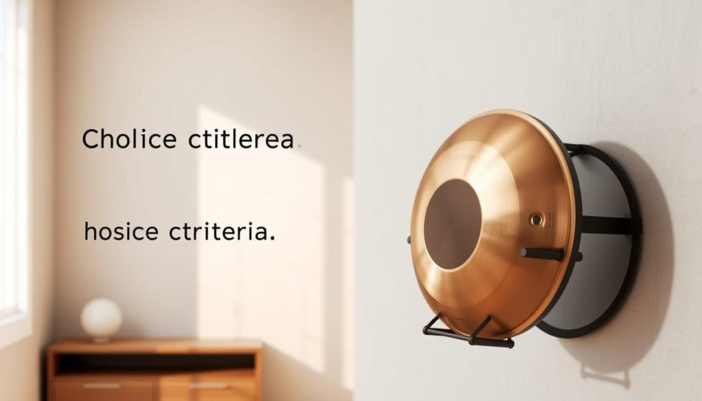 A well-designed handpan wall mount in a modern, minimalistic room setting, showcasing its elegant curves and finish. In the foreground, an adjustable wall mount is displayed holding a handpan securely, demonstrating its quality and ergonomic features. The middle ground features soft natural lighting streaming in from a nearby window, highlighting the craftsmanship of both the instrument and the mount. In the background, a neutral-colored wall with soft textures serves to emphasize the importance of protection for the instrument. The atmosphere is calm and professional, inviting an appreciation for the handpan as both an art piece and a musical instrument. Capture the essence of choice criteria — quality, ergonomics, and protection — in a visually informative manner.