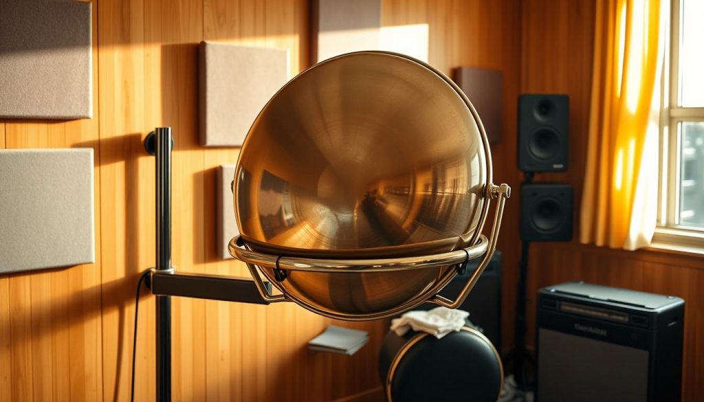 A well-lit scene showcasing a handpan securely mounted on a stylish wall bracket in a cozy music studio setting. In the foreground, the handpan is beautifully polished, reflecting glimmers of soft light, while the wall bracket is made of sleek metal, embodying modern design. In the middle ground, various protective accessories are neatly arranged, such as a soft carrying case and microfiber cloth, emphasizing daily care routines for maintaining the handpan's condition. The background features a warm wooden wall adorned with acoustic panels, enhancing the room's sound quality and aesthetics. The atmosphere is serene and inviting, conveying a sense of safety and protection for the instrument, possibly during a late afternoon when golden sunlight filters through a nearby window, creating a peaceful yet professional ambiance.