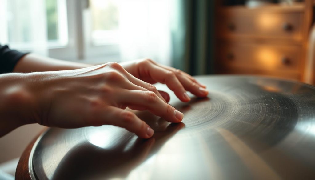 A close-up view of hands gently playing a handpan, fingers poised delicately above the instrument's surface. The scene captures a serene, focused atmosphere, ideal for a beginner learning the instrument. The hands should be depicted in a natural, relaxed posture, showcasing the proper grip and finger placement essential for producing harmonious notes. Soft, diffused natural light spills from a nearby window, casting gentle shadows and emphasizing the textures of the hands and the metallic surface of the handpan. The background is softly blurred, featuring hints of a cozy practice space with warm wooden tones, enhancing the intimate mood of the scene. A close-up view of hands gently playing a handpan, fingers poised delicately above the instrument's surface. The scene captures a serene, focused atmosphere, ideal for a beginner learning the instrument. The hands should be depicted in a natural, relaxed posture, showcasing the proper grip and finger placement essential for producing harmonious notes. Soft, diffused natural light spills from a nearby window, casting gentle shadows and emphasizing the textures of the hands and the metallic surface of the handpan. The background is softly blurred, featuring hints of a cozy practice space with warm wooden tones, enhancing the intimate mood of the scene.
