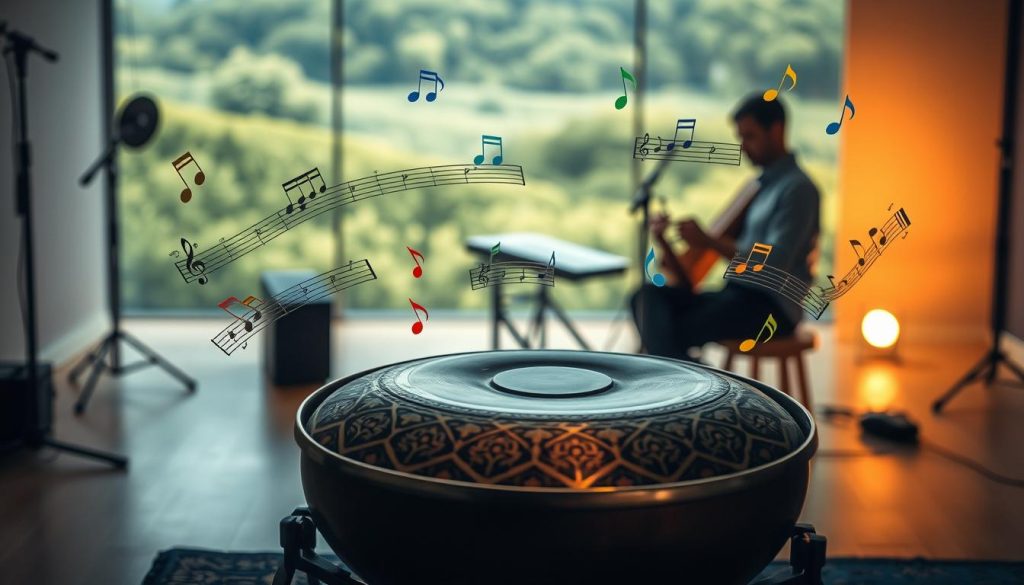 A detailed composition featuring a digital handpan sitting prominently in the foreground. The handpan, showcasing intricate designs and vibrant colors, is surrounded by various musical scales labeled with colorful notes that float around it. In the middle ground, a serene studio space with soft ambient lighting creates a calm atmosphere, complemented by shadowy outlines of a musician in casual professional attire experimenting with the instrument. The background fades into a blurred, lush green landscape, hinting at natural inspiration for sound. The overall mood is one of creativity and discovery, captured from a slightly elevated angle to emphasize the beauty and uniqueness of the digital handpan. Soft, warm lighting adds a touch of elegance, enhancing the visual appeal and inviting exploration. A detailed composition featuring a digital handpan sitting prominently in the foreground. The handpan, showcasing intricate designs and vibrant colors, is surrounded by various musical scales labeled with colorful notes that float around it. In the middle ground, a serene studio space with soft ambient lighting creates a calm atmosphere, complemented by shadowy outlines of a musician in casual professional attire experimenting with the instrument. The background fades into a blurred, lush green landscape, hinting at natural inspiration for sound. The overall mood is one of creativity and discovery, captured from a slightly elevated angle to emphasize the beauty and uniqueness of the digital handpan. Soft, warm lighting adds a touch of elegance, enhancing the visual appeal and inviting exploration.