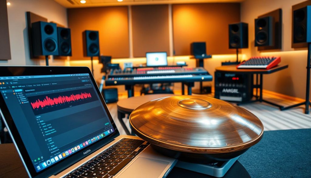 A detailed view of an Ableton Live configuration screen set up for audio input from a handpan. In the foreground, a sleek laptop displays the Ableton Live interface, with vibrant waveforms and various audio tracks visible. The middle ground features a polished wooden handpan resting on a stylish stand, with its intricate surface reflecting soft studio lighting. In the background, a modern music studio setup with soundproof walls, musical instruments, and sound mixers creates a creative atmosphere. Warm, inviting lighting enhances the mood, suggesting an inspirational workspace for music production. The scene should capture a sense of focus and innovation, ideal for integrating the handpan into a digital audio workstation. A detailed view of an Ableton Live configuration screen set up for audio input from a handpan. In the foreground, a sleek laptop displays the Ableton Live interface, with vibrant waveforms and various audio tracks visible. The middle ground features a polished wooden handpan resting on a stylish stand, with its intricate surface reflecting soft studio lighting. In the background, a modern music studio setup with soundproof walls, musical instruments, and sound mixers creates a creative atmosphere. Warm, inviting lighting enhances the mood, suggesting an inspirational workspace for music production. The scene should capture a sense of focus and innovation, ideal for integrating the handpan into a digital audio workstation.