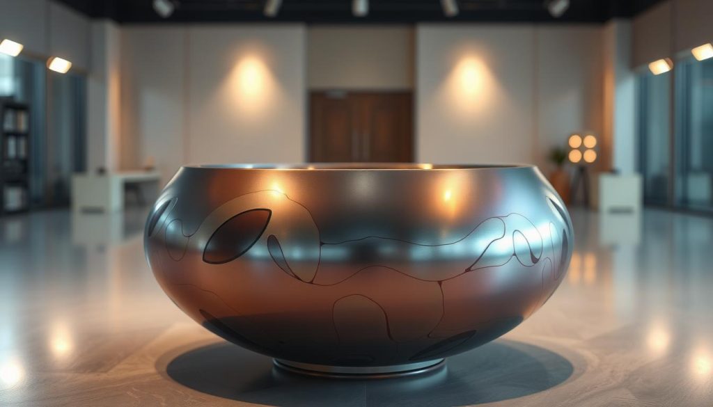 A futuristic neotone mutant handpan, elegantly crafted with a smooth, iridescent surface showcasing unique organic patterns. The handpan is positioned prominently in the foreground, reflecting soft ambient light that creates a serene atmosphere. In the middle ground, hints of subtle musical notes seem to float around the instrument, suggesting its ethereal sound. The background features a blurred modern studio with soft-glowing lights that accentuate the handpan's vibrant colors, enhancing its innovative design. The scene is shot with a wide-angle lens to capture the handpan's intricate details while creating a sense of depth. The overall mood is calm and inspiring, inviting viewers to explore the fusion of tradition and innovation in musical design. A futuristic neotone mutant handpan, elegantly crafted with a smooth, iridescent surface showcasing unique organic patterns. The handpan is positioned prominently in the foreground, reflecting soft ambient light that creates a serene atmosphere. In the middle ground, hints of subtle musical notes seem to float around the instrument, suggesting its ethereal sound. The background features a blurred modern studio with soft-glowing lights that accentuate the handpan's vibrant colors, enhancing its innovative design. The scene is shot with a wide-angle lens to capture the handpan's intricate details while creating a sense of depth. The overall mood is calm and inspiring, inviting viewers to explore the fusion of tradition and innovation in musical design.