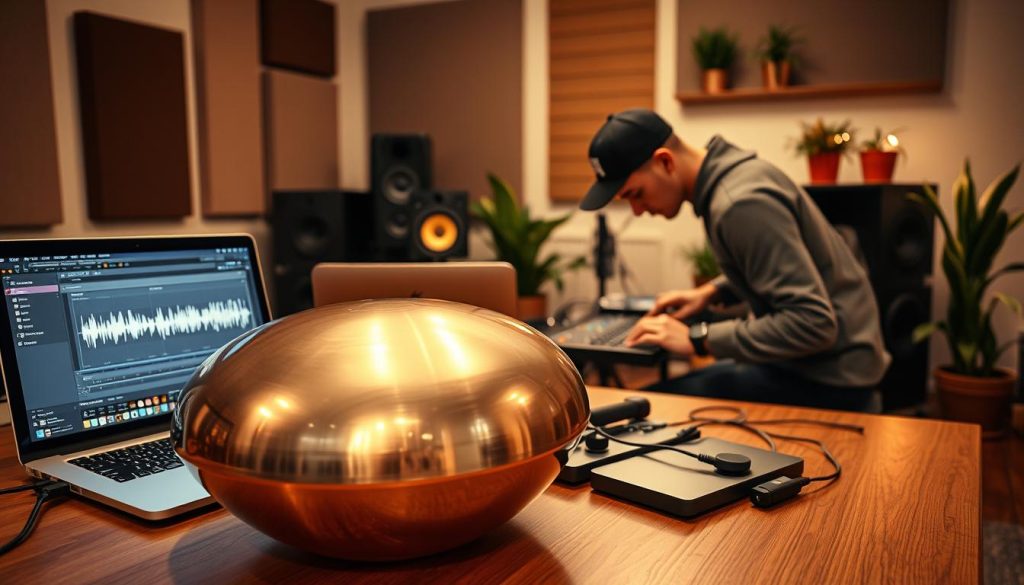 A modern digital audio workstation setup featuring Ableton Live on a sleek laptop screen. In the foreground, a handpan, beautifully crafted with metallic tones, rests on a wooden table, reflecting soft, natural light. In the middle, a professional musician, dressed in casual yet polished attire, is poised over the laptop, focused on the screen while adjusting audio settings. Various audio cables and a MIDI controller are visible, indicating an engaging recording session. The background displays a cozy, well-lit home studio with sound-absorbing panels and potted plants, creating a warm and inviting atmosphere. The overall mood conveys creativity and productivity, with warm lighting that highlights the intricate details of the handpan and the vibrant Ableton interface. A modern digital audio workstation setup featuring Ableton Live on a sleek laptop screen. In the foreground, a handpan, beautifully crafted with metallic tones, rests on a wooden table, reflecting soft, natural light. In the middle, a professional musician, dressed in casual yet polished attire, is poised over the laptop, focused on the screen while adjusting audio settings. Various audio cables and a MIDI controller are visible, indicating an engaging recording session. The background displays a cozy, well-lit home studio with sound-absorbing panels and potted plants, creating a warm and inviting atmosphere. The overall mood conveys creativity and productivity, with warm lighting that highlights the intricate details of the handpan and the vibrant Ableton interface.