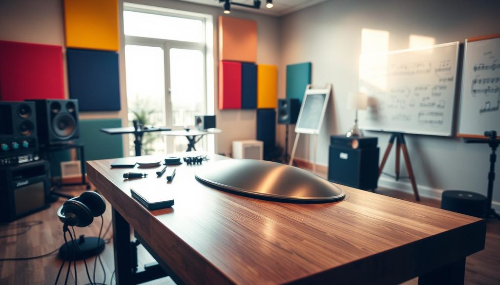 A modern utilization studio focused on the Neotone digital handpan. In the foreground, a sleek digital handpan is featured prominently on a polished wooden table, surrounded by various musical accessories such as headphones and a digital interface. The middle ground showcases a bright and airy workspace with a large window allowing natural light to flood in, illuminating the studio's clean design. In the background, vibrant soundproof panels adorn the walls, while musical notes and sketches are visible on a nearby whiteboard. The atmosphere is creative and inspiring, emphasizing innovation in music. Warm, soft lighting enhances the inviting mood, shot from a slightly elevated angle to capture the full essence of the studio. A modern utilization studio focused on the Neotone digital handpan. In the foreground, a sleek digital handpan is featured prominently on a polished wooden table, surrounded by various musical accessories such as headphones and a digital interface. The middle ground showcases a bright and airy workspace with a large window allowing natural light to flood in, illuminating the studio's clean design. In the background, vibrant soundproof panels adorn the walls, while musical notes and sketches are visible on a nearby whiteboard. The atmosphere is creative and inspiring, emphasizing innovation in music. Warm, soft lighting enhances the inviting mood, shot from a slightly elevated angle to capture the full essence of the studio.