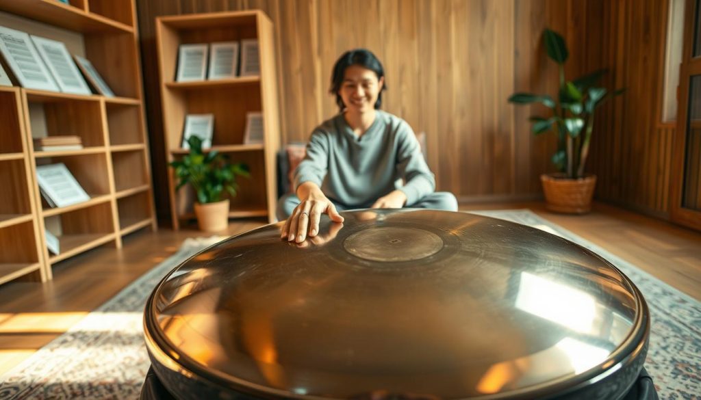 A serene indoor scene showcasing a person playing a handpan, focusing on their hands skillfully striking the instrument's surface. The foreground features the handpan, beautifully crafted with a glossy finish and intricate designs on its surface. In the middle ground, the player, dressed in casual but professional attire, sits cross-legged on a cozy rug, immersed in the music, with a gentle smile. Soft, warm lighting casts a tranquil glow, enhancing the wooden textures of the room and the handpan's metallic sheen. The background includes shelves with music sheets and a potted plant, creating a calm and inviting atmosphere, symbolizing a space perfect for practicing essential handpan exercises. A serene indoor scene showcasing a person playing a handpan, focusing on their hands skillfully striking the instrument's surface. The foreground features the handpan, beautifully crafted with a glossy finish and intricate designs on its surface. In the middle ground, the player, dressed in casual but professional attire, sits cross-legged on a cozy rug, immersed in the music, with a gentle smile. Soft, warm lighting casts a tranquil glow, enhancing the wooden textures of the room and the handpan's metallic sheen. The background includes shelves with music sheets and a potted plant, creating a calm and inviting atmosphere, symbolizing a space perfect for practicing essential handpan exercises.