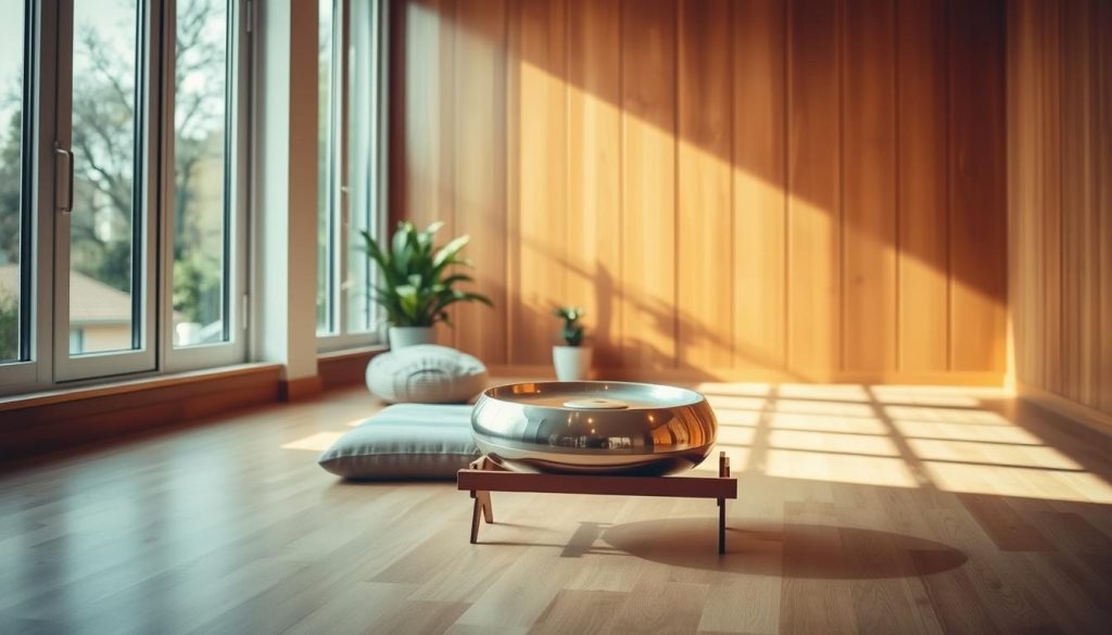A serene music practice space where a handpan is centrally featured, surrounded by soft natural light streaming through large windows. In the foreground, a thoughtfully arranged handpan sits on a simple wooden stand, its metallic surface glistening. In the middle ground, a comfortable meditation cushion sits nearby, inviting play, while a potted plant adds a touch of greenery. In the background, warm wooden panels create a calm aesthetic, enhancing the atmosphere of focused learning and progression. The scene exudes a peaceful, inviting mood, suggesting dedication and mindfulness in the journey of mastering the handpan. The composition is captured with a shallow depth of field, emphasizing the handpan while softly blurring the background details. A serene music practice space where a handpan is centrally featured, surrounded by soft natural light streaming through large windows. In the foreground, a thoughtfully arranged handpan sits on a simple wooden stand, its metallic surface glistening. In the middle ground, a comfortable meditation cushion sits nearby, inviting play, while a potted plant adds a touch of greenery. In the background, warm wooden panels create a calm aesthetic, enhancing the atmosphere of focused learning and progression. The scene exudes a peaceful, inviting mood, suggesting dedication and mindfulness in the journey of mastering the handpan. The composition is captured with a shallow depth of field, emphasizing the handpan while softly blurring the background details.