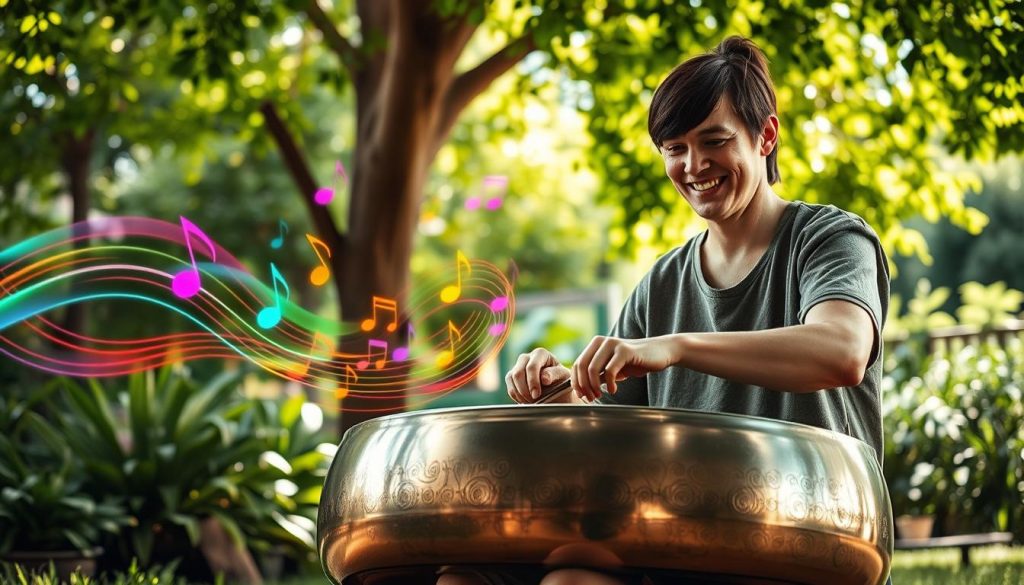 A serene setting focused on a handpan player seated in a tranquil garden. In the foreground, the player is depicted with a soft smile, dressed in modest casual clothing, striking harmonious notes on a gleaming handpan made of intricate metal patterns. In the middle, colorful sound waves visually emanate from the instrument, transforming into musical notes that float through the air, suggesting a sense of melody and creativity. The background features lush greenery with dappled sunlight filtering through the leaves, creating a warm and inviting atmosphere. The lighting is soft and diffused, enhancing the calm vibe. The angle should be slightly elevated, capturing both the player and the surrounding nature, evoking a feeling of relaxation and musical inspiration. A serene setting focused on a handpan player seated in a tranquil garden. In the foreground, the player is depicted with a soft smile, dressed in modest casual clothing, striking harmonious notes on a gleaming handpan made of intricate metal patterns. In the middle, colorful sound waves visually emanate from the instrument, transforming into musical notes that float through the air, suggesting a sense of melody and creativity. The background features lush greenery with dappled sunlight filtering through the leaves, creating a warm and inviting atmosphere. The lighting is soft and diffused, enhancing the calm vibe. The angle should be slightly elevated, capturing both the player and the surrounding nature, evoking a feeling of relaxation and musical inspiration.