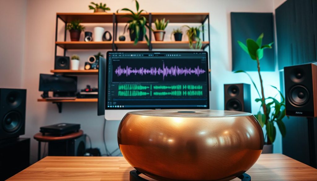A sleek, modern Ableton Live interface displayed on a high-resolution computer screen in a vibrant home studio. In the foreground, an external instrument, a beautifully crafted handpan, is positioned prominently with natural wood tones and a reflective surface, showcasing its intricate design. To the side, a pair of professional studio monitors and an acoustic treatment panel suggest an immersive audio environment. Soft, ambient lighting bathes the scene, creating a warm and inviting atmosphere. Behind the setup, shelves filled with music production gear and plants add depth to the background, emphasizing creativity and organization. The camera angle is slightly elevated, capturing the scene from a dynamic perspective, evoking a sense of inspiration and focus within a modern music production workflow. A sleek, modern Ableton Live interface displayed on a high-resolution computer screen in a vibrant home studio. In the foreground, an external instrument, a beautifully crafted handpan, is positioned prominently with natural wood tones and a reflective surface, showcasing its intricate design. To the side, a pair of professional studio monitors and an acoustic treatment panel suggest an immersive audio environment. Soft, ambient lighting bathes the scene, creating a warm and inviting atmosphere. Behind the setup, shelves filled with music production gear and plants add depth to the background, emphasizing creativity and organization. The camera angle is slightly elevated, capturing the scene from a dynamic perspective, evoking a sense of inspiration and focus within a modern music production workflow.