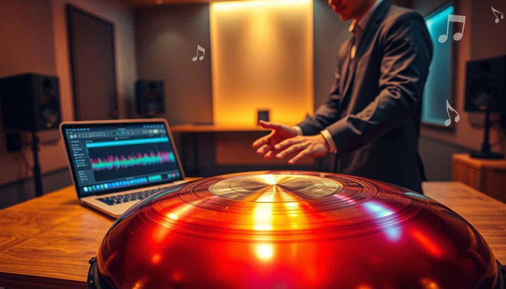 A vibrant and atmospheric digital scene showcasing a handpan instrument, set on a sleek wooden desk in a modern studio. In the foreground, a polished handpan gleams under warm, soft lighting, revealing its intricate grooves and vivid hues. Beside it, a laptop displays a music software interface, with colorful waveform graphics indicating a creative composition in progress. In the middle ground, a pair of professional hands clad in smart casual attire gently play the handpan, capturing the serene and meditative essence of the sound. The background features a blurred view of soundproofed walls, ambient lighting, and musical notes subtly floating in the air. The overall mood is inviting and focused, accentuating the creative process of composing with realistic handpan sounds.