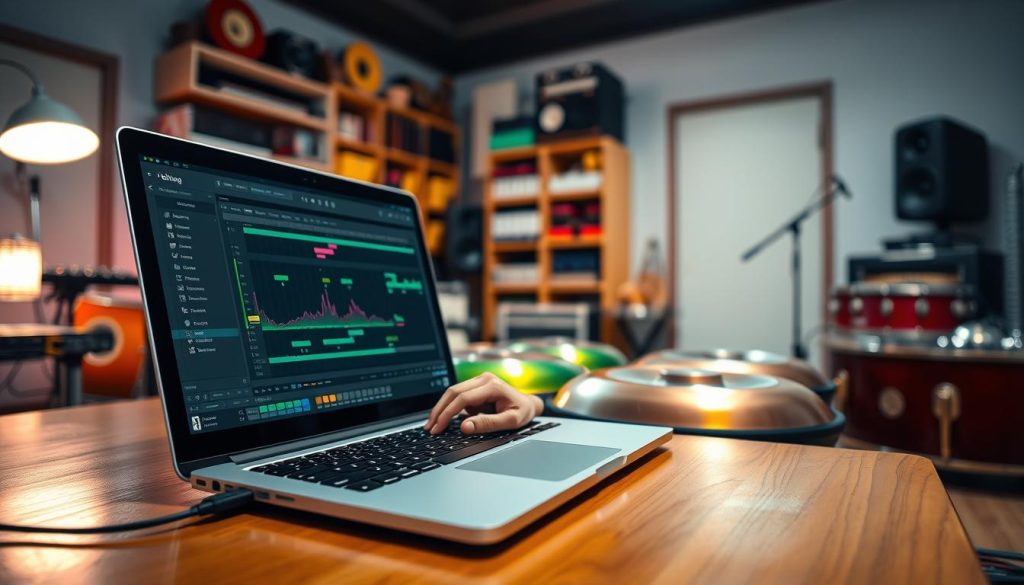 A vibrant digital music production scene featuring Ableton Live's Session View interface prominently displayed on a sleek laptop screen, surrounded by colorful handpan instruments. In the foreground, the laptop sits on a polished wooden table, with hands of a musician in modest casual clothing actively manipulating clips and tracks. The middle ground shows a cozy, well-lit studio filled with musical equipment, soft ambient lighting casting a warm glow. In the background, shelves lined with various instruments and sound gear create an inviting atmosphere. The composition captures a sense of creativity and focus, highlighting the fusion of traditional handpan sounds with modern digital music production. Aim for a dynamic angle, as if the viewer is engaging directly in the music-making process. A vibrant digital music production scene featuring Ableton Live's Session View interface prominently displayed on a sleek laptop screen, surrounded by colorful handpan instruments. In the foreground, the laptop sits on a polished wooden table, with hands of a musician in modest casual clothing actively manipulating clips and tracks. The middle ground shows a cozy, well-lit studio filled with musical equipment, soft ambient lighting casting a warm glow. In the background, shelves lined with various instruments and sound gear create an inviting atmosphere. The composition captures a sense of creativity and focus, highlighting the fusion of traditional handpan sounds with modern digital music production. Aim for a dynamic angle, as if the viewer is engaging directly in the music-making process.