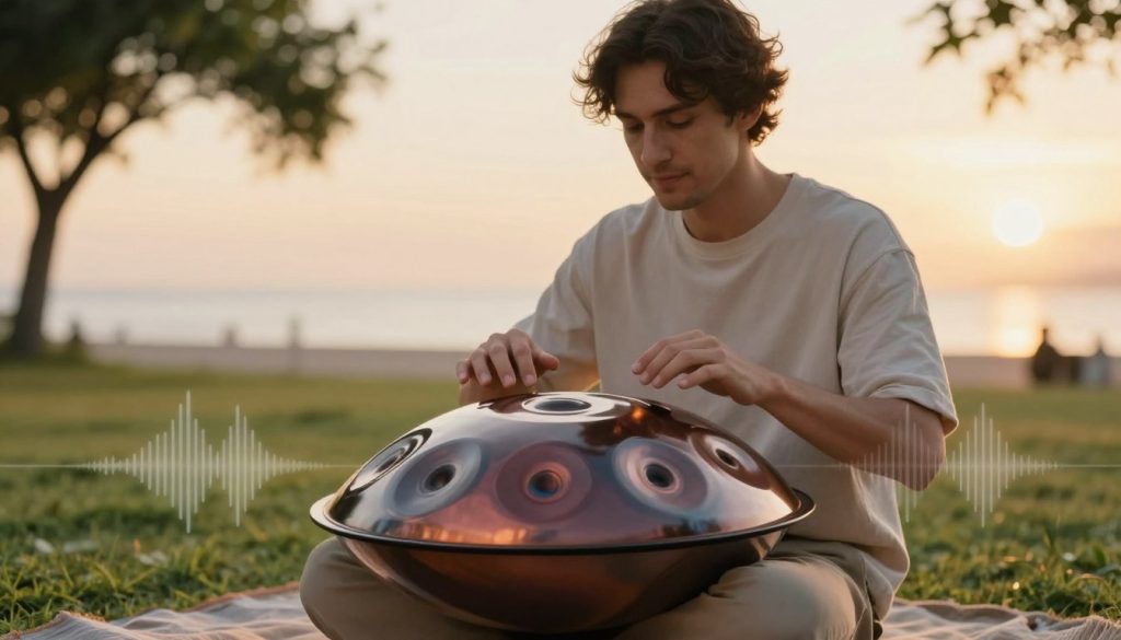 A beautifully crafted handpan showcasing a range of notes, positioned elegantly in the foreground. The handpan is made of gleaming steel, with intricate patterns and colors reflecting its melodic capabilities. Surrounding it are sound waves emanating softly, representing the soothing music it produces. In the middle ground, a musician, dressed in simple casual attire, is gently playing the handpan, with a look of focus and tranquility on their face. The background features a serene outdoor setting, like a lush park or a calm beach at sunset, with warm golden light casting a gentle glow over the scene. The atmosphere is peaceful and inviting, evoking a sense of relaxation and harmony, emphasizing the beauty and versatility of handpans for beginners. A beautifully crafted handpan showcasing a range of notes, positioned elegantly in the foreground. The handpan is made of gleaming steel, with intricate patterns and colors reflecting its melodic capabilities. Surrounding it are sound waves emanating softly, representing the soothing music it produces. In the middle ground, a musician, dressed in simple casual attire, is gently playing the handpan, with a look of focus and tranquility on their face. The background features a serene outdoor setting, like a lush park or a calm beach at sunset, with warm golden light casting a gentle glow over the scene. The atmosphere is peaceful and inviting, evoking a sense of relaxation and harmony, emphasizing the beauty and versatility of handpans for beginners.