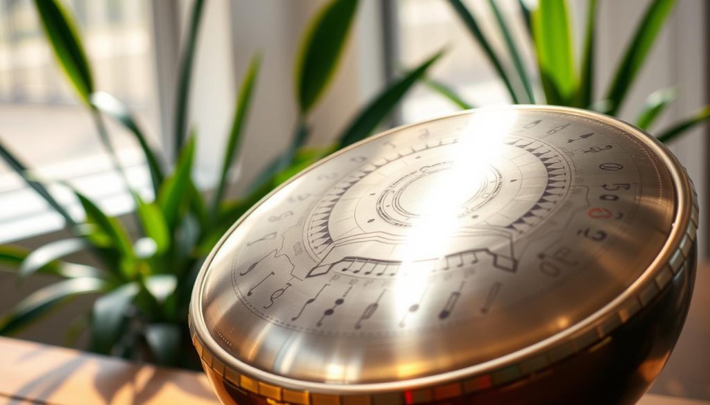 A beautifully detailed handpan chart, featuring intricate designs of handpan notes and scales, laid out in an artistic style. In the foreground, a handpan sits on a wooden table, its polished surface reflecting soft natural light. The middle ground includes a decorative map displaying various handpan notes, with elegant lines connecting them, illustrating musical scales in vibrant colors. In the background, blurred outlines of green plants and soft-focus sunlight create a tranquil atmosphere. The overall mood is inviting and inspiring, aimed at beginners in music, emphasizing creativity and exploration. The lighting is warm and gentle, highlighting the shimmer of the handpan and the artistic elements of the chart, captured from a slightly elevated angle to showcase depth.