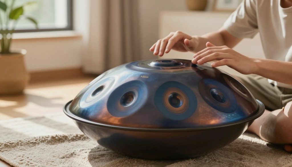 A beginner-friendly handpan, the Ré Kurd, is displayed prominently in the foreground, showcasing its beautiful, polished design with rich blue and bronze tones. The instrument has intricate tonal patterns and is nestled on a soft, textured fabric to emphasize its craftsmanship. In the middle ground, a pair of hands gently play the handpan, conveying a sense of user-friendliness, with a focus on ease of use for novices. The background features a cozy room with warm, natural light filtering through a window, creating a tranquil atmosphere, accentuated by soft shadows and a hint of greenery from potted plants. The overall mood reflects serenity and inspiration, encouraging a beginner to embrace the joy of music. A beginner-friendly handpan, the Ré Kurd, is displayed prominently in the foreground, showcasing its beautiful, polished design with rich blue and bronze tones. The instrument has intricate tonal patterns and is nestled on a soft, textured fabric to emphasize its craftsmanship. In the middle ground, a pair of hands gently play the handpan, conveying a sense of user-friendliness, with a focus on ease of use for novices. The background features a cozy room with warm, natural light filtering through a window, creating a tranquil atmosphere, accentuated by soft shadows and a hint of greenery from potted plants. The overall mood reflects serenity and inspiration, encouraging a beginner to embrace the joy of music.