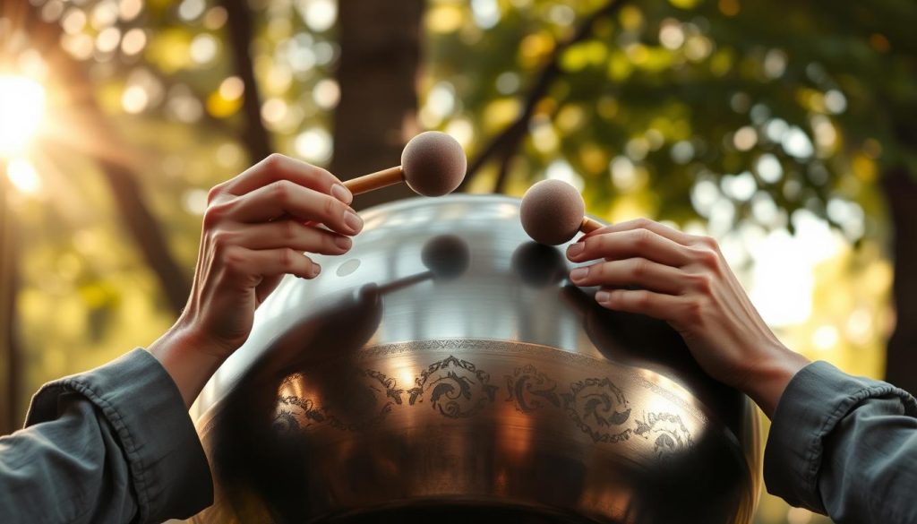 A close-up shot of a beautifully crafted handpan, showcasing its intricate designs and metallic sheen, set against a softly blurred natural background of trees and sunlight filtering through leaves. In the foreground, a pair of hands, depicted in modest casual clothing, gently holds mallets poised to play the handpan, emphasizing the emotional connection between the musician and the instrument. The lighting is warm and inviting, casting highlights and shadows that enhance the textures of the handpan. The overall atmosphere is serene and contemplative, inviting viewers to imagine the soothing sounds that could emanate from such an instrument. The composition should focus on clarity and emotional resonance, without any text or distractions in the frame. A close-up shot of a beautifully crafted handpan, showcasing its intricate designs and metallic sheen, set against a softly blurred natural background of trees and sunlight filtering through leaves. In the foreground, a pair of hands, depicted in modest casual clothing, gently holds mallets poised to play the handpan, emphasizing the emotional connection between the musician and the instrument. The lighting is warm and inviting, casting highlights and shadows that enhance the textures of the handpan. The overall atmosphere is serene and contemplative, inviting viewers to imagine the soothing sounds that could emanate from such an instrument. The composition should focus on clarity and emotional resonance, without any text or distractions in the frame.
