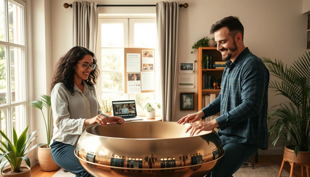 A focused, serene study environment featuring a handpan being played by a diverse group of three individuals, two women and one man, dressed in comfortable yet professional casual clothing. The foreground shows the trio playing the handpan in unison, their expressions reflecting concentration and joy. In the middle, a large window allows warm, soft natural light to pour in, illuminating a cozy space filled with music books, a laptop displaying video lessons, and a small bulletin board showcasing community events. In the background, gentle plants and a relaxed ambiance create a sense of connection to nature. The atmosphere is inviting and encouraging, emphasizing the theme of regular practice and collective learning, captured in a dynamic yet harmonious composition.