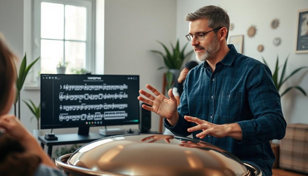 A professional handpan instructor engaging students in a virtual class setting. In the foreground, a focused male teacher, dressed in casual but neat attire, is demonstrating handpan techniques, his hands gracefully moving over the instrument. In the middle ground, a computer screen displays clear, engaging visuals of handpan notes and exercises, emphasizing structured explanations. The background features a cozy, well-lit room with soft natural light coming through a window, highlighting a few plants and musical notes on the wall. The atmosphere is warm and inviting, promoting a sense of calm and concentration, as the instructor's expression exudes confidence and enthusiasm for teaching. A professional handpan instructor engaging students in a virtual class setting. In the foreground, a focused male teacher, dressed in casual but neat attire, is demonstrating handpan techniques, his hands gracefully moving over the instrument. In the middle ground, a computer screen displays clear, engaging visuals of handpan notes and exercises, emphasizing structured explanations. The background features a cozy, well-lit room with soft natural light coming through a window, highlighting a few plants and musical notes on the wall. The atmosphere is warm and inviting, promoting a sense of calm and concentration, as the instructor's expression exudes confidence and enthusiasm for teaching.
