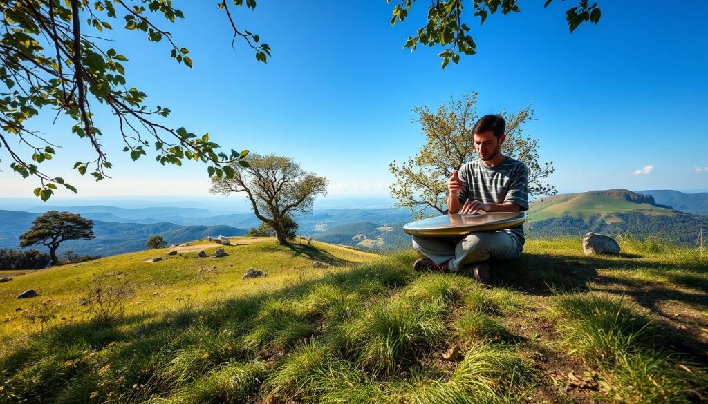 A serene and remote location showcasing a secluded spot in nature, ideal for practicing the handpan. In the foreground, a peaceful figure dressed in modest casual clothing sits cross-legged on a grassy knoll, gently playing a handpan, immersed in the moment. The middle ground features a lush, green landscape with wildflowers and small rocks, while a few distant trees provide tranquility. In the background, a breathtaking view of rolling hills and a clear blue sky enhances the atmosphere of solitude. Soft, warm sunlight filters through the leaves, casting dappled shadows on the ground. The mood is calm and inspiring, evoking a sense of freedom and connection to nature, perfect for uninterrupted practice anywhere, even without a network.