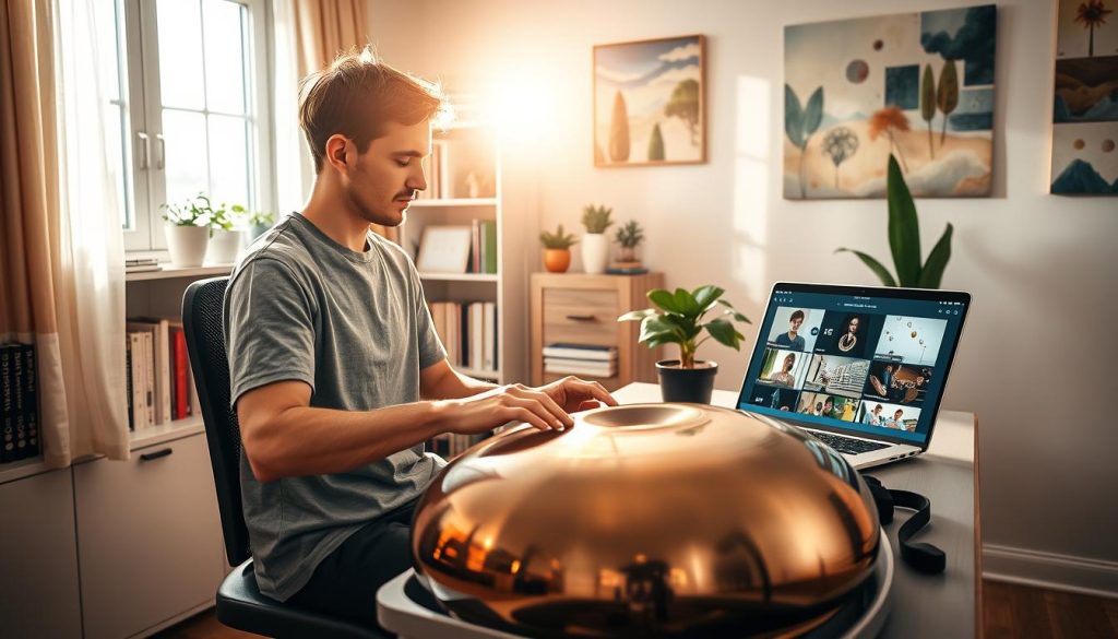 A serene home office setting illuminated by soft, warm sunlight streaming through a window. In the foreground, a focused individual is seated at a desk, intently playing a handpan, wearing modest casual clothing. The handpan gleams in various shades of metallic tones, beautifully reflecting the light. Surrounding the individual, a laptop displays an online handpan tutorial, with colorful visuals of handpan techniques visible on the screen. The middle ground features a bookshelf filled with music books and decorative plants, adding warmth and creativity to the space. The background reveals a calming wall adorned with artwork related to music and nature, creating an inspiring atmosphere for learning. The overall mood is peaceful and focused, conveying the essence of learning to play the handpan online effectively. A serene home office setting illuminated by soft, warm sunlight streaming through a window. In the foreground, a focused individual is seated at a desk, intently playing a handpan, wearing modest casual clothing. The handpan gleams in various shades of metallic tones, beautifully reflecting the light. Surrounding the individual, a laptop displays an online handpan tutorial, with colorful visuals of handpan techniques visible on the screen. The middle ground features a bookshelf filled with music books and decorative plants, adding warmth and creativity to the space. The background reveals a calming wall adorned with artwork related to music and nature, creating an inspiring atmosphere for learning. The overall mood is peaceful and focused, conveying the essence of learning to play the handpan online effectively.