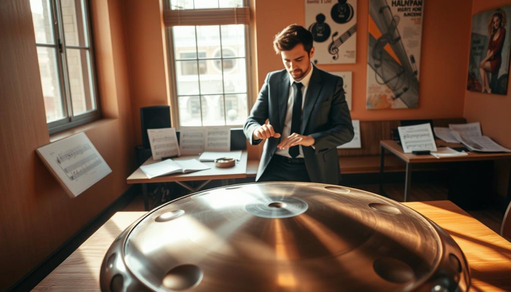A serene indoor environment showcasing a beautifully crafted handpan displayed on a wooden table in the foreground. The handpan features intricate designs, softly reflecting natural light filtering through a nearby window. In the middle ground, a musician wearing smart-casual attire is depicted demonstrating various techniques, hands skillfully striking the handpan with precision. Surrounding the musician are sheets of musical notes and practice materials, creating a sense of organized learning. The background includes warm-toned walls adorned with art related to music and rhythm, enhancing the atmosphere of creativity and focus. A gentle play of shadows contrasts the highlighted features, exuding an inviting and engaging ambiance ideal for a learning environment about handpan techniques. A serene indoor environment showcasing a beautifully crafted handpan displayed on a wooden table in the foreground. The handpan features intricate designs, softly reflecting natural light filtering through a nearby window. In the middle ground, a musician wearing smart-casual attire is depicted demonstrating various techniques, hands skillfully striking the handpan with precision. Surrounding the musician are sheets of musical notes and practice materials, creating a sense of organized learning. The background includes warm-toned walls adorned with art related to music and rhythm, enhancing the atmosphere of creativity and focus. A gentle play of shadows contrasts the highlighted features, exuding an inviting and engaging ambiance ideal for a learning environment about handpan techniques.