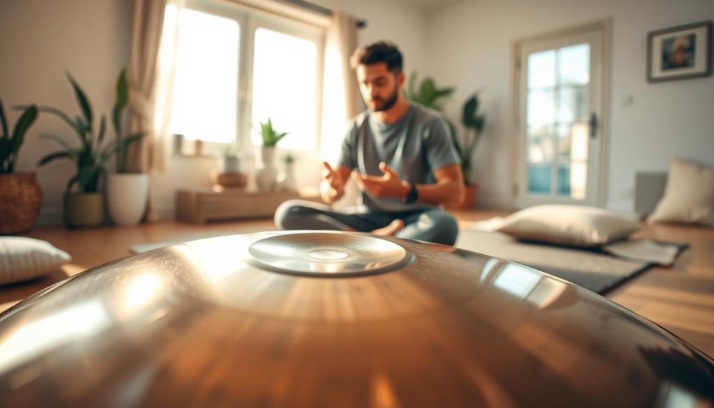 A serene indoor scene featuring a handpan player deeply focused on mastering the instrument. In the foreground, a close-up of their hands gracefully striking the handpan, showcasing the gleaming metal surface reflecting soft, warm light. In the middle, the musician, dressed in casual yet professional attire, is immersed in their practice, seated comfortably on a mat. The background reveals a cozy, well-lit room with calming decor, such as plants and soft cushions, enhancing the tranquil atmosphere. Natural light streams in from a nearby window, creating gentle highlights and shadows, evoking a sense of peace and concentration as the player engages with their craft. The overall mood is inspiring and focused, inviting viewers to connect with the passion of learning the handpan.