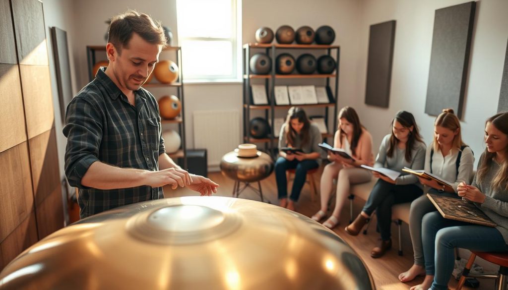 A serene indoor scene focused on a professional handpan instructor demonstrating techniques in a well-lit music studio. In the foreground, a vibrant handpan gleams under soft, warm lighting. The instructor, wearing modest casual clothing, showcases handpan playing skills with an expression of concentration and passion. In the middle ground, a group of attentive students, also in casual attire, are seated with notebooks, taking notes on best practices for evaluating quality training. The background features shelves with various handpans, music sheets, and soundproofing panels, creating a cozy yet professional atmosphere. Gentle sunlight streams through a window, casting a calm and inviting glow over the entire scene, enhancing the warm mood of learning and collaboration in music education. A serene indoor scene focused on a professional handpan instructor demonstrating techniques in a well-lit music studio. In the foreground, a vibrant handpan gleams under soft, warm lighting. The instructor, wearing modest casual clothing, showcases handpan playing skills with an expression of concentration and passion. In the middle ground, a group of attentive students, also in casual attire, are seated with notebooks, taking notes on best practices for evaluating quality training. The background features shelves with various handpans, music sheets, and soundproofing panels, creating a cozy yet professional atmosphere. Gentle sunlight streams through a window, casting a calm and inviting glow over the entire scene, enhancing the warm mood of learning and collaboration in music education.
