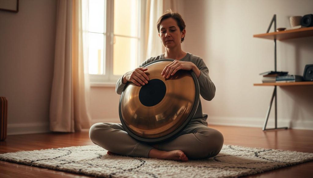 A serene indoor setting featuring a comfortable seating area for handpan practice. In the foreground, a person sits cross-legged on a soft rug, holding a handpan in a relaxed posture, showcasing correct ergonomics. They are dressed in modest, casual clothing, emphasizing a peaceful and focused demeanor. The middle layer includes a gently lit room with warm, ambient light streaming through a window, illuminating the handpan's intricate details. On a nearby shelf, a few handpan accessories are subtly visible. The background features soft, muted colors to enhance the calm atmosphere. The overall mood is inviting and motivating, perfect for beginners learning to establish a comfortable playing technique.