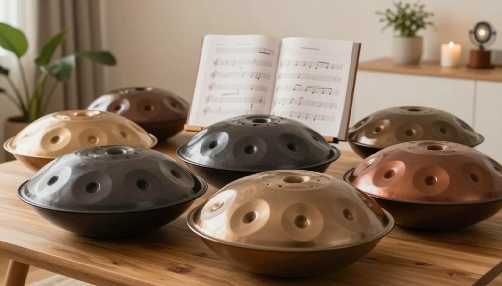 A serene indoor setting featuring a selection of beginner-friendly handpans arranged artfully on a wooden table. In the foreground, several handpans in various sizes and colors, showcasing their unique shapes and gentle curves, glisten under soft, warm lighting. The middle ground displays an open music book with simple notations and scales, inviting beginners to explore. In the background, a cozy corner with plants and calming decor enhances the peaceful atmosphere. The lens focuses on the handpans, capturing their intricate details and textures. The overall mood is inviting and encouraging, ideal for aspiring musicians looking to start their journey with handpans. A serene indoor setting featuring a selection of beginner-friendly handpans arranged artfully on a wooden table. In the foreground, several handpans in various sizes and colors, showcasing their unique shapes and gentle curves, glisten under soft, warm lighting. The middle ground displays an open music book with simple notations and scales, inviting beginners to explore. In the background, a cozy corner with plants and calming decor enhances the peaceful atmosphere. The lens focuses on the handpans, capturing their intricate details and textures. The overall mood is inviting and encouraging, ideal for aspiring musicians looking to start their journey with handpans.