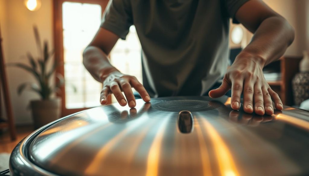 A serene indoor setting featuring a skilled handpan player in a modest casual outfit, focusing intently on their technique. In the foreground, the player's hands gently touch the handpan's surface, demonstrating lightness and control. The fingers are depicted in motion, showcasing the art of bouncing and sound control. In the middle ground, the handpan gleams in a warm, soft light, its unique steel surface reflecting subtle colors. The background is softly blurred, hinting at a cozy room filled with natural light streaming in from a large window. The atmosphere is calm and inviting, evoking a sense of tranquility and concentration, perfect for a beginner’s practice session.