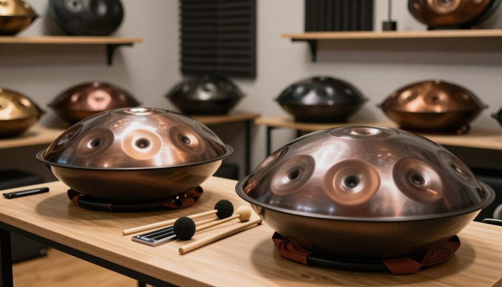 A serene music studio showcasing a handpan selection, with a focus on two handpans prominently displayed in the foreground. One handpan is shiny and polished, reflecting light, while the other has a matte finish with rich textures. In the middle ground, various handpan accessories such as mallets and a tuning guide are neatly arranged on a wooden table. The background features soft, ambient lighting that enhances the calm atmosphere, with shelves holding additional musical instruments and soundproofing panels. The scene is shot with a slightly blurred background for a depth effect, highlighting the handpans. The mood is inviting and educational, perfect for a beginner’s exploration of handpan criteria. A serene music studio showcasing a handpan selection, with a focus on two handpans prominently displayed in the foreground. One handpan is shiny and polished, reflecting light, while the other has a matte finish with rich textures. In the middle ground, various handpan accessories such as mallets and a tuning guide are neatly arranged on a wooden table. The background features soft, ambient lighting that enhances the calm atmosphere, with shelves holding additional musical instruments and soundproofing panels. The scene is shot with a slightly blurred background for a depth effect, highlighting the handpans. The mood is inviting and educational, perfect for a beginner’s exploration of handpan criteria.