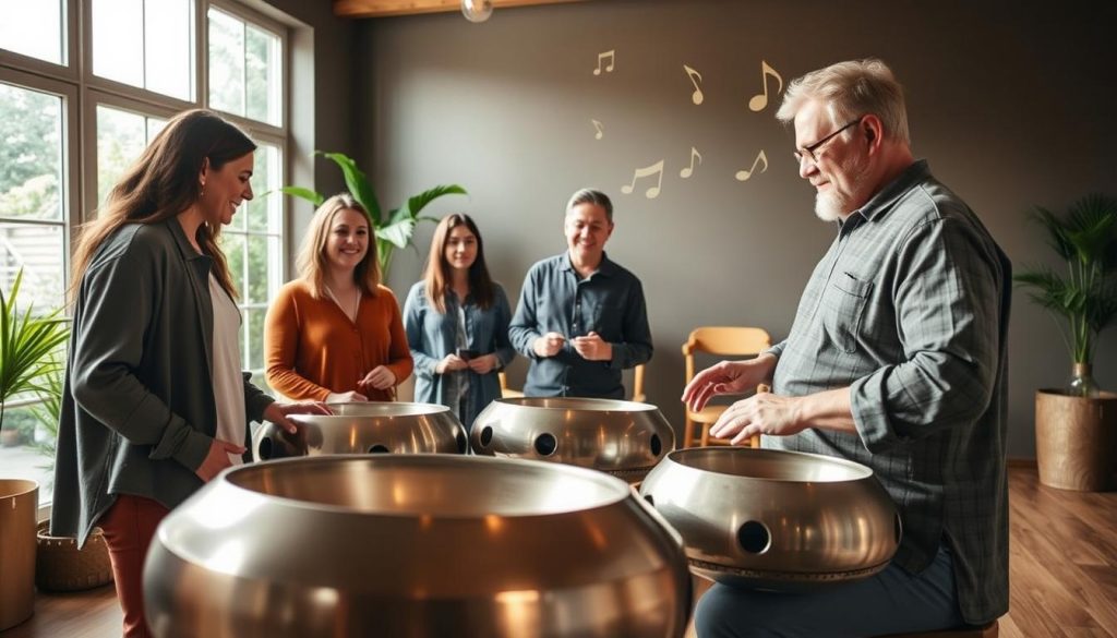 A serene scene depicting a handpan class in a cozy, well-lit studio. In the foreground, a diverse group of four musicians, dressed in modest casual attire, gathers around a handpan, attentively listening to an instructor. The instructor, an experienced musician, demonstrates playing techniques with a gentle smile. In the middle, various handpans of different sizes and finishes are displayed, showcasing their unique craftsmanship. The background features large, sunlit windows with greenery outside, creating a relaxed and inviting atmosphere. Soft, warm lighting enhances the calm mood of the space, while a hint of musical notes subtly floats in the air, symbolizing the joy of learning music. The camera is positioned at eye level, offering a balanced perspective on the interaction among the participants. A serene scene depicting a handpan class in a cozy, well-lit studio. In the foreground, a diverse group of four musicians, dressed in modest casual attire, gathers around a handpan, attentively listening to an instructor. The instructor, an experienced musician, demonstrates playing techniques with a gentle smile. In the middle, various handpans of different sizes and finishes are displayed, showcasing their unique craftsmanship. The background features large, sunlit windows with greenery outside, creating a relaxed and inviting atmosphere. Soft, warm lighting enhances the calm mood of the space, while a hint of musical notes subtly floats in the air, symbolizing the joy of learning music. The camera is positioned at eye level, offering a balanced perspective on the interaction among the participants.