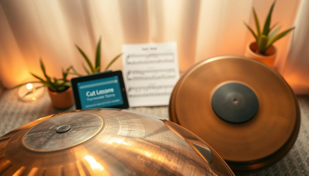 A vibrant, close-up scene of a handpan and a tongue drum set against a soft, calming background. In the foreground, the handpan, with its intricate metallic surface and unique dome shape, reflects subtle light beams that create a warm, inviting atmosphere. Beside it, the tongue drum displays its harmonious cut notes. The middle ground features an open space with sheet music and a tablet displaying an online lesson, hinting at the educational aspect. In the background, softly blurred plants and warm ambient lighting enhance the serene mood. The angle captures the instruments from slightly above, drawing focus on their beauty and craftsmanship. The overall ambiance is tranquil and inspiring, ideal for a music learning environment.