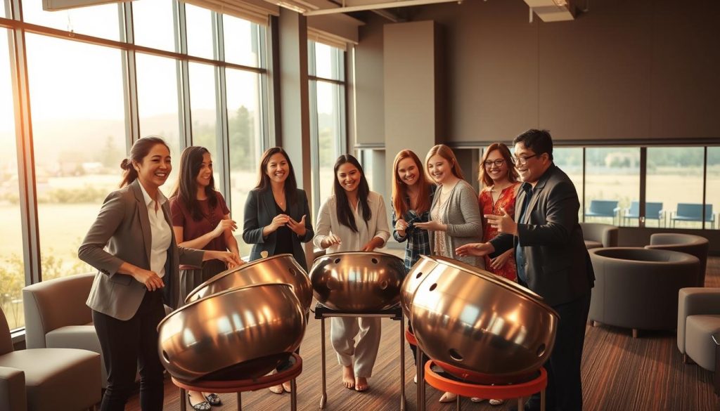 A vibrant community gathering centered around handpan music. In the foreground, a diverse group of five musicians, dressed in professional business attire and modest casual clothing, enthusiastically playing handpans in a semi-circle. The middle ground features an inviting workshop space filled with soft, warm lighting, showcasing a detailed handpan display and comfortable seating for attendees. In the background, large windows reveal a serene outdoor landscape, suggesting a peaceful environment. The scene conveys a sense of connection and collaboration, with expressions of joy and focus among the musicians. The overall atmosphere is warm and inviting, highlighting the essence of community and shared learning around music. A vibrant community gathering centered around handpan music. In the foreground, a diverse group of five musicians, dressed in professional business attire and modest casual clothing, enthusiastically playing handpans in a semi-circle. The middle ground features an inviting workshop space filled with soft, warm lighting, showcasing a detailed handpan display and comfortable seating for attendees. In the background, large windows reveal a serene outdoor landscape, suggesting a peaceful environment. The scene conveys a sense of connection and collaboration, with expressions of joy and focus among the musicians. The overall atmosphere is warm and inviting, highlighting the essence of community and shared learning around music.