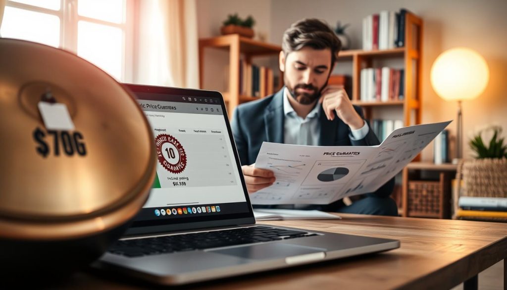 A visually engaging composition depicting the concept of "price guarantees" in an online learning context for handpan classes. In the foreground, a laptop displays a webpage with a price tag and a badge symbolizing a guarantee. To the left, a handpan is showcased, exuding a sense of quality. The middle ground features a person in business casual attire, thoughtfully analyzing a document with charts and notes about pricing and guarantees related to online courses, conveying a feeling of contemplation and decisiveness. The background includes soft-focus elements like a cozy study room, shelves with music books, and a warm, inviting light filtering through a window, creating a calm and professional atmosphere aimed at encouraging informed decision-making. A visually engaging composition depicting the concept of "price guarantees" in an online learning context for handpan classes. In the foreground, a laptop displays a webpage with a price tag and a badge symbolizing a guarantee. To the left, a handpan is showcased, exuding a sense of quality. The middle ground features a person in business casual attire, thoughtfully analyzing a document with charts and notes about pricing and guarantees related to online courses, conveying a feeling of contemplation and decisiveness. The background includes soft-focus elements like a cozy study room, shelves with music books, and a warm, inviting light filtering through a window, creating a calm and professional atmosphere aimed at encouraging informed decision-making.