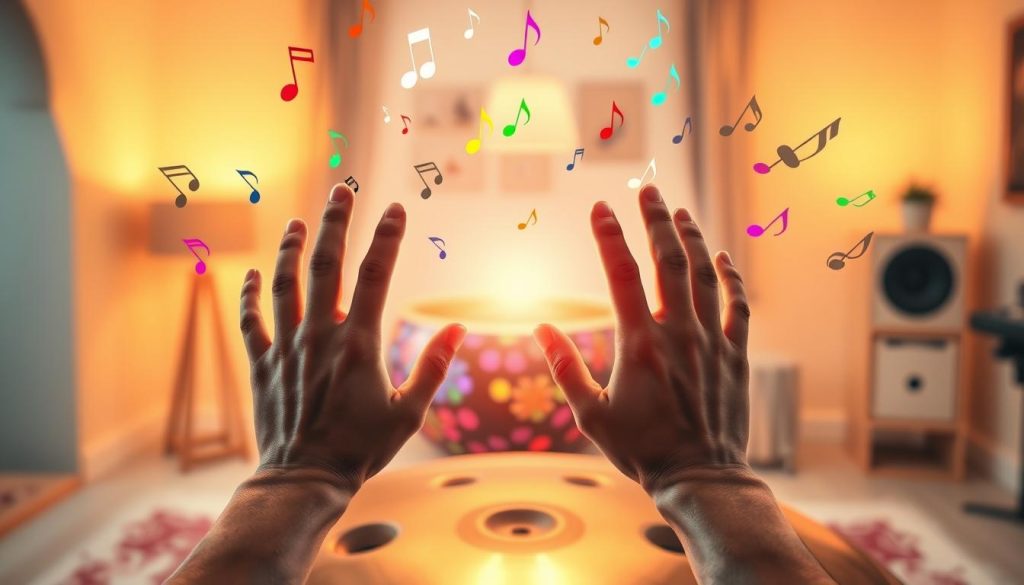 A visually engaging scene depicting the concept of "notation intuitif mains" for handpan music learning. In the foreground, a pair of hands, gracefully positioned, interact with floating, colorful notations that resemble musical notes and symbols, radiating an aura of creativity. The middle layer includes a softly glowing handpan, intricately designed with vibrant colors that hint at its melodic qualities. The background features an inviting, warm-toned space, perhaps a cozy music studio with soft lighting, creating a sense of warmth and inspiration. Use a shallow depth of field to focus on the hands and notations, while giving a blurred effect to the surroundings. The atmosphere is playful and innovative, enhancing the excitement of learning through a unique and intuitive notation system.