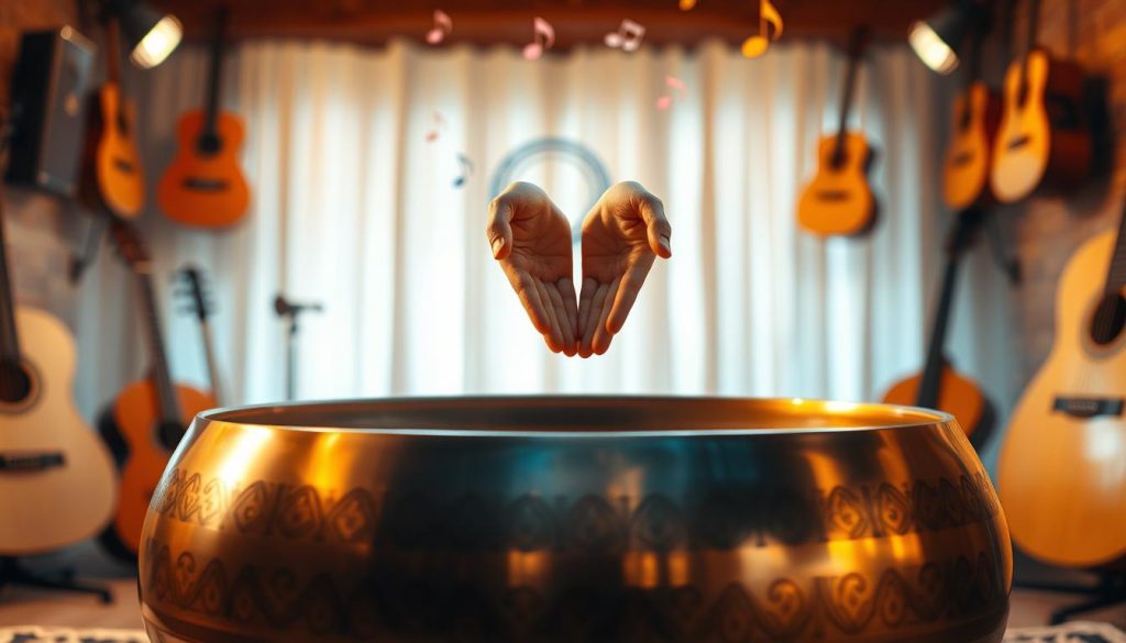 A beautifully crafted tablature handpan sits prominently in the foreground, its polished surface glistening under soft, warm lighting that creates a serene atmosphere. The handpan features intricate, colorful designs etched along its edges, showcasing a harmonious blend of art and music. In the middle ground, a pair of hands gently hovers above the instrument, poised to play a soothing melody, with the fingers elegantly positioned over the surface, emphasizing the tactile nature of music-making. The background fades into a softly illuminated room filled with acoustic instruments and musical notes floating in the air, conveying a creative space for expression. The overall mood is tranquil and inviting, perfect for inspiring a connection to the world of music through the unique lens of tablature handpan. A beautifully crafted tablature handpan sits prominently in the foreground, its polished surface glistening under soft, warm lighting that creates a serene atmosphere. The handpan features intricate, colorful designs etched along its edges, showcasing a harmonious blend of art and music. In the middle ground, a pair of hands gently hovers above the instrument, poised to play a soothing melody, with the fingers elegantly positioned over the surface, emphasizing the tactile nature of music-making. The background fades into a softly illuminated room filled with acoustic instruments and musical notes floating in the air, conveying a creative space for expression. The overall mood is tranquil and inviting, perfect for inspiring a connection to the world of music through the unique lens of tablature handpan.