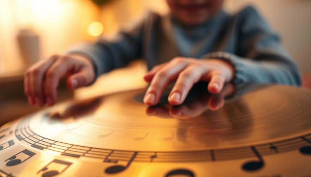 A close-up of a beautifully crafted handpan showcasing its notes, with an emphasis on the intricate detail of the surface and the unique shapes of each tone field. The foreground features a vibrant, shiny handpan with a range of musical notes. In the middle ground, soft, blurred hands of a child gently tapping on the handpan, illustrating the joy of music-making. The background is softly illuminated with warm, diffused lighting, creating a cozy atmosphere that embodies creativity. A subtle depth of field focuses on the handpan and the child's hands, while the soft hues of the background promote a serene and inviting mood. The overall composition conveys a sense of exploration and musicality without any text or distractions. A close-up of a beautifully crafted handpan showcasing its notes, with an emphasis on the intricate detail of the surface and the unique shapes of each tone field. The foreground features a vibrant, shiny handpan with a range of musical notes. In the middle ground, soft, blurred hands of a child gently tapping on the handpan, illustrating the joy of music-making. The background is softly illuminated with warm, diffused lighting, creating a cozy atmosphere that embodies creativity. A subtle depth of field focuses on the handpan and the child's hands, while the soft hues of the background promote a serene and inviting mood. The overall composition conveys a sense of exploration and musicality without any text or distractions.