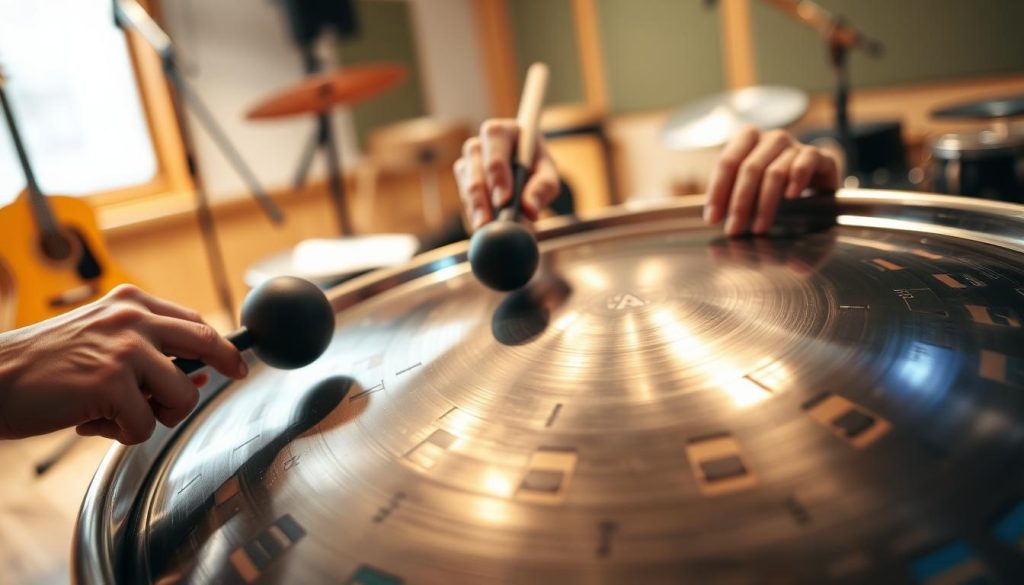 A close-up of a uniquely designed handpan, showcasing its intricate drum surface with resonant notes depicted in vibrant colors. The foreground features a pair of skilled hands striking specific areas of the handpan using mallets, capturing the moment of sound creation. In the middle ground, soft lighting highlights the glossy metal finish, reflecting subtle hues of blue and copper. The background is a softly blurred music studio setting with warm wood tones and a hint of musical instruments, enhancing a cozy, inviting atmosphere. The composition conveys focus and artistry, emphasizing the essential techniques of striking while maintaining clarity and professionalism. A close-up of a uniquely designed handpan, showcasing its intricate drum surface with resonant notes depicted in vibrant colors. The foreground features a pair of skilled hands striking specific areas of the handpan using mallets, capturing the moment of sound creation. In the middle ground, soft lighting highlights the glossy metal finish, reflecting subtle hues of blue and copper. The background is a softly blurred music studio setting with warm wood tones and a hint of musical instruments, enhancing a cozy, inviting atmosphere. The composition conveys focus and artistry, emphasizing the essential techniques of striking while maintaining clarity and professionalism.