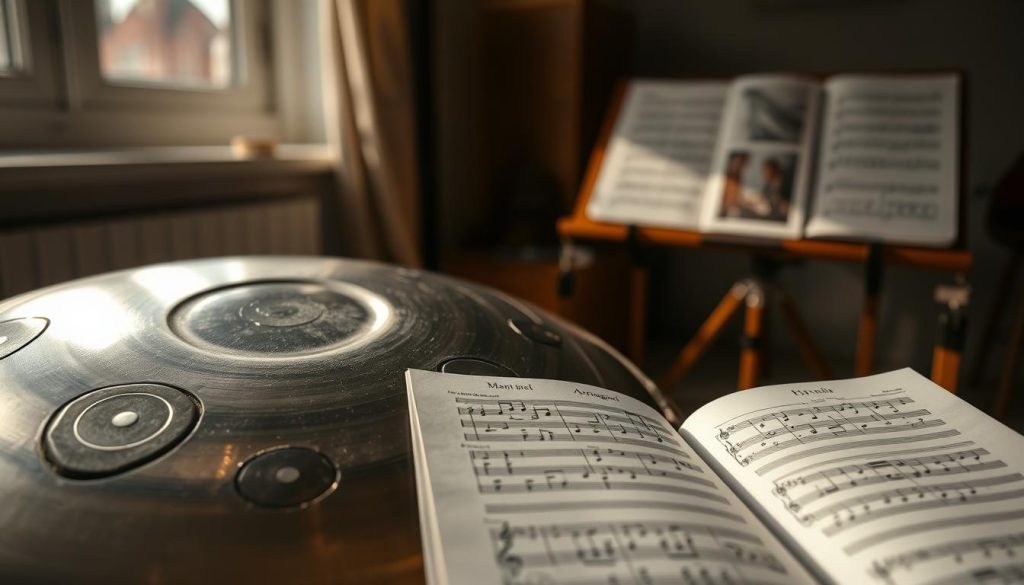 A close-up view of a handpan, showcasing its metallic surface with intricate designs reflecting light. In the foreground, an open tablature book rests beside the handpan, displaying hand-drawn notations and music symbols, emphasizing the concept of musical arrangement. The middle ground features a soft, natural light illuminating the scene from a window, casting gentle shadows that enhance the textures of both the handpan and the pages. In the background, a blurred setting includes a simple music stand with additional music sheets and a cozy ambiance with warm earthy tones. The overall mood is inspiring and creative, inviting musicians to explore their own arrangements. A close-up view of a handpan, showcasing its metallic surface with intricate designs reflecting light. In the foreground, an open tablature book rests beside the handpan, displaying hand-drawn notations and music symbols, emphasizing the concept of musical arrangement. The middle ground features a soft, natural light illuminating the scene from a window, casting gentle shadows that enhance the textures of both the handpan and the pages. In the background, a blurred setting includes a simple music stand with additional music sheets and a cozy ambiance with warm earthy tones. The overall mood is inspiring and creative, inviting musicians to explore their own arrangements.