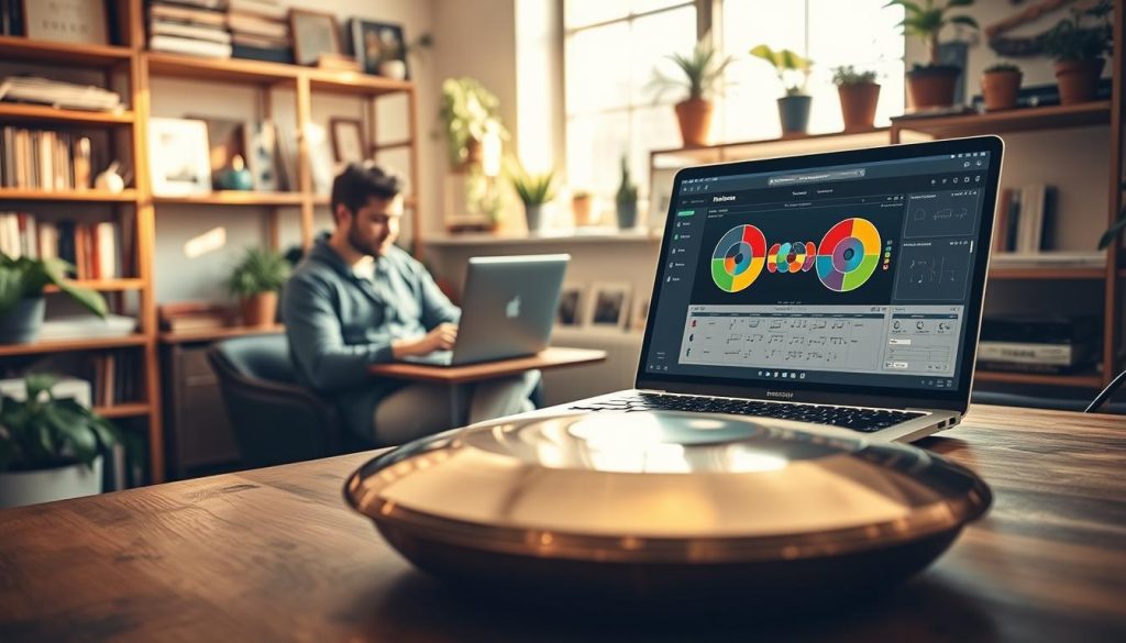 A cozy workspace featuring a Notepan application interface displaying colorful handpan musical partitions on a sleek laptop screen. In the foreground, a handpan instrument rests elegantly on a wooden table, showcasing its intricate design with a polished surface and reflective tones. The middle ground highlights a user intently engaged with the laptop, wearing casual professional attire, with their hands positioned thoughtfully over the keyboard. Soft, warm daylight filters through a nearby window, illuminating the scene and creating a serene atmosphere. The background features shelves filled with music books, potted plants, and art supplies, enhancing the creative vibe of the workspace. The overall mood is inspiring and focused, inviting viewers to explore the art of handpan music composition and learning.