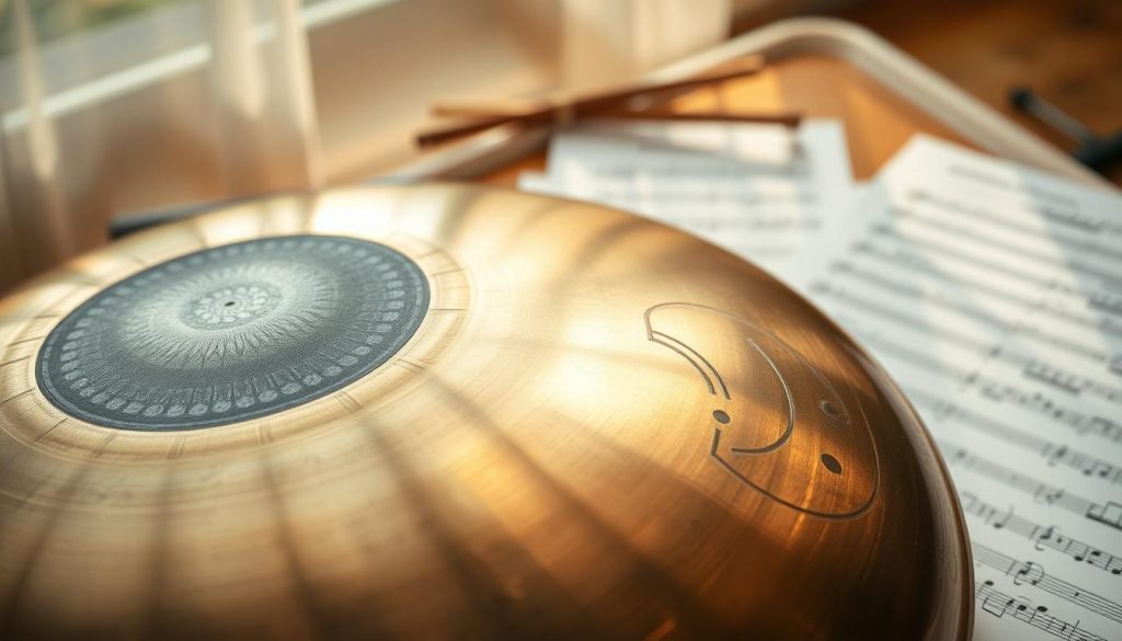 A detailed close-up of a handpan with simplified sheet music displayed alongside it. The handpan features intricate, melodic tones and a shiny, metallic surface that reflects soft lighting. In the foreground, the handpan should be positioned centrally, showcasing its unique curves and hand-painted designs. Surrounding the handpan, sheets of simplified music notation are neatly laid out, with clear, colorful notes and symbols. In the background, a softly blurred artistic setting with warm, earthy tones creates an inviting atmosphere, using natural light to accentuate the textures of the handpan and the pages. The overall mood is harmonious and inspiring, suited for musicians seeking simplicity in notation. A detailed close-up of a handpan with simplified sheet music displayed alongside it. The handpan features intricate, melodic tones and a shiny, metallic surface that reflects soft lighting. In the foreground, the handpan should be positioned centrally, showcasing its unique curves and hand-painted designs. Surrounding the handpan, sheets of simplified music notation are neatly laid out, with clear, colorful notes and symbols. In the background, a softly blurred artistic setting with warm, earthy tones creates an inviting atmosphere, using natural light to accentuate the textures of the handpan and the pages. The overall mood is harmonious and inspiring, suited for musicians seeking simplicity in notation.