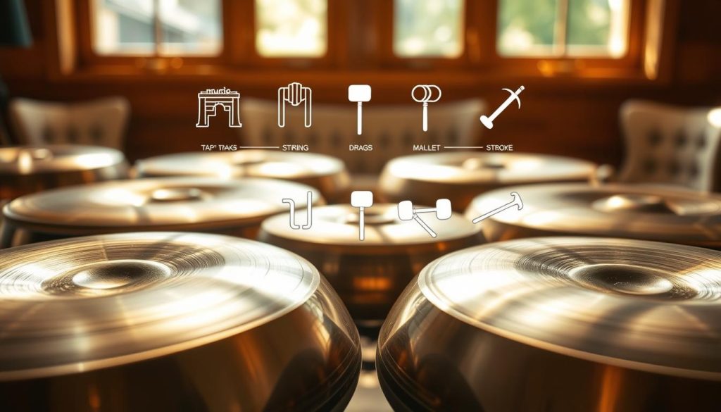 A detailed handpan arrangement featuring various striking techniques illustrated through symbols. In the foreground, focus on beautifully crafted handpan instruments, highlighting their intricate grooves and metallic sheen. In the middle, overlay clear, artistic symbols representing different striking techniques, such as taps, drags, and mallet strokes, arranged in a fluid, musical flow. The background should have a softly blurred image of a serene environment, possibly a sunlit room with wooden accents, creating an inviting atmosphere. Use warm, natural lighting to enhance the textures, and employ a shallow depth of field to draw attention to the foreground elements. The overall mood should be inspiring and educational, reflecting the art of handpan music. A detailed handpan arrangement featuring various striking techniques illustrated through symbols. In the foreground, focus on beautifully crafted handpan instruments, highlighting their intricate grooves and metallic sheen. In the middle, overlay clear, artistic symbols representing different striking techniques, such as taps, drags, and mallet strokes, arranged in a fluid, musical flow. The background should have a softly blurred image of a serene environment, possibly a sunlit room with wooden accents, creating an inviting atmosphere. Use warm, natural lighting to enhance the textures, and employ a shallow depth of field to draw attention to the foreground elements. The overall mood should be inspiring and educational, reflecting the art of handpan music.