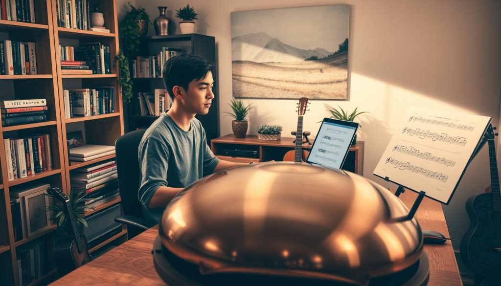 A serene home office setting showcasing a handpan musician at a wooden desk. The musician, a young adult in modest casual clothing, is focused on an open laptop displaying free handpan sheet music. In the foreground, a polished handpan glimmers softly, reflecting warm light. Surrounding the scene are bookshelves filled with music theory books, decorative plants, and acoustic instruments. The warm, natural light filters through a window, casting soft shadows and creating an inviting atmosphere. In the background, a serene wall panel painting echoes the calming aesthetics of handpan music, adding to the tranquil environment. The image conveys a sense of exploration and creativity in learning how to play handpan using accessible resources.