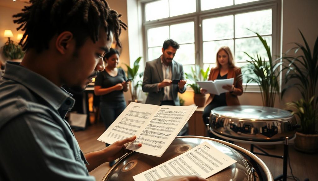 A serene indoor music practice space featuring a diverse group of people in business casual clothing, engaged in interpreting handpan music. In the foreground, a musician focuses intently on their handpan, with sheet music spread out beside them, capturing the essence of practice. The middle ground shows another individual demonstrating a technique, while a third person takes notes, creating a collaborative atmosphere. The background is filled with warm ambient lighting from soft lamps, and potted plants add a touch of nature, enhancing the calm and focused mood. A large window lets in natural light, casting gentle shadows, suggesting an inviting environment conducive to creative musical exploration. A serene indoor music practice space featuring a diverse group of people in business casual clothing, engaged in interpreting handpan music. In the foreground, a musician focuses intently on their handpan, with sheet music spread out beside them, capturing the essence of practice. The middle ground shows another individual demonstrating a technique, while a third person takes notes, creating a collaborative atmosphere. The background is filled with warm ambient lighting from soft lamps, and potted plants add a touch of nature, enhancing the calm and focused mood. A large window lets in natural light, casting gentle shadows, suggesting an inviting environment conducive to creative musical exploration.