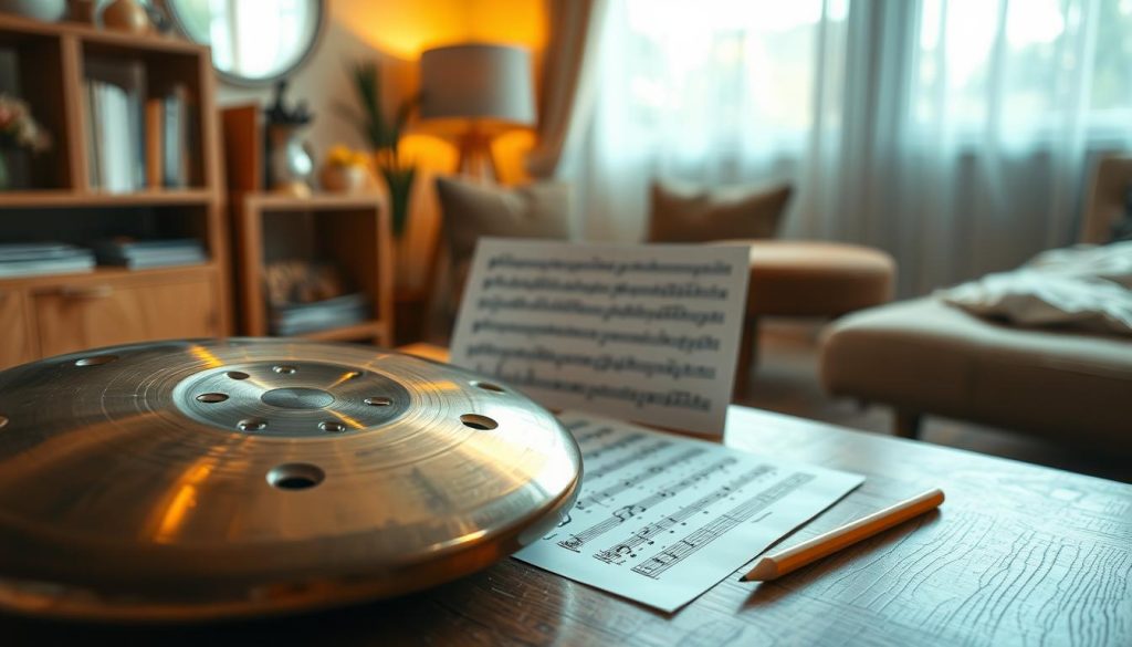 A serene indoor setting featuring a beautifully crafted handpan resting on a wooden table, surrounded by tablature sheets and a pencil. The foreground shows the handpan, with engraved notes glinting in soft lighting. In the middle, a close-up of the tablature sheets is visible, showcasing clear, easy-to-read notation. The background features a cozy room with warm lighting, giving a sense of tranquility and focus. The atmosphere is inviting and calm, perfect for learning. A slight lens blur on the background enhances the focus on the handpan and tablature, while sunlight filters through a window, casting gentle shadows.
